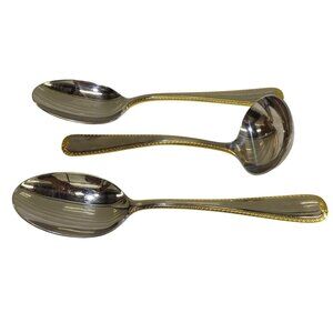 Gorham Golden Ribbon Edge Stainless Steel Gravy Ladle Plus 2 Serving Spoons